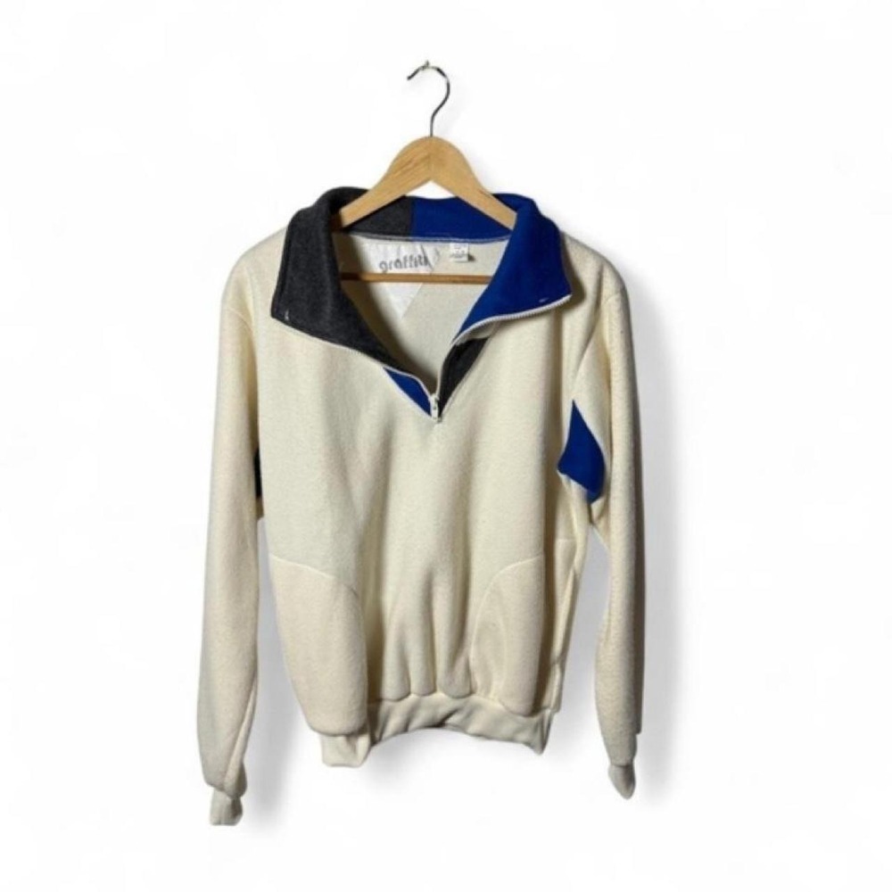 Vintage Graffiti 1/4 Zip Fleece Pullover Men's Medium Cream Blue Retro USA